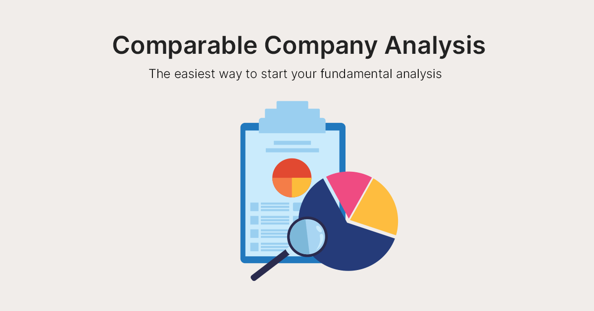 A clipboard with a chart titled 'Comparable Company Analysis' and the text 'Easiest way to start your fundamental analysis'