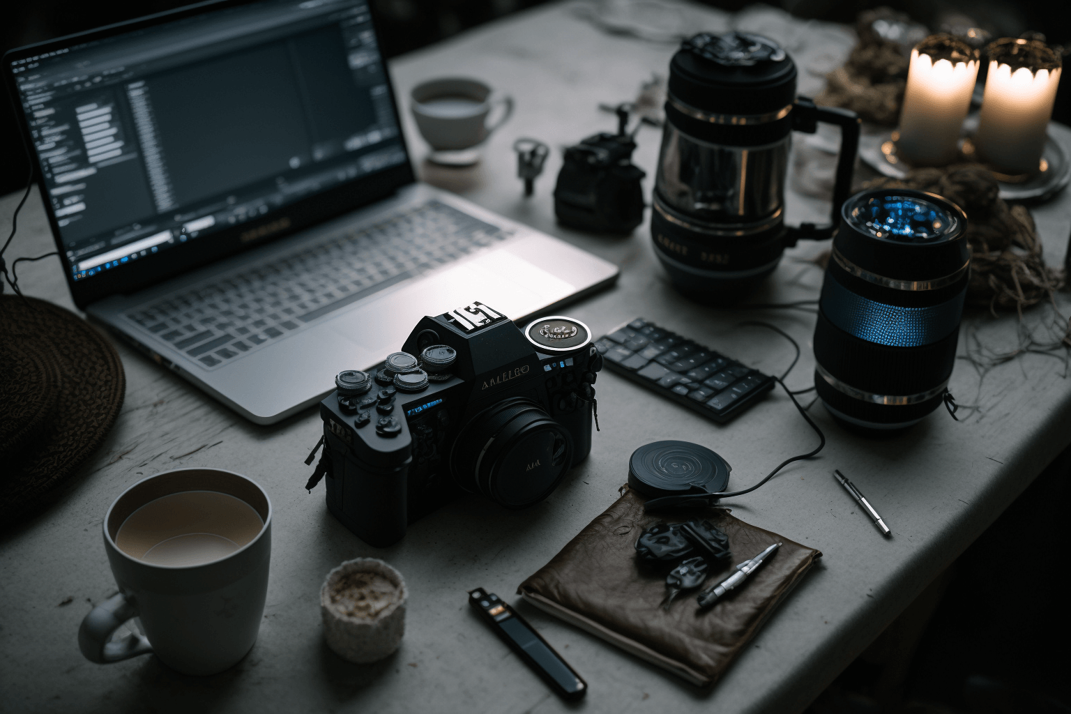 A messy table with a computer and a camera