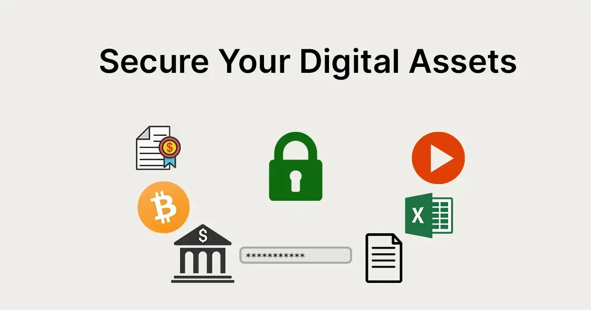 Digital assets such as passwords, bitcoin, bank, text, videos and excel