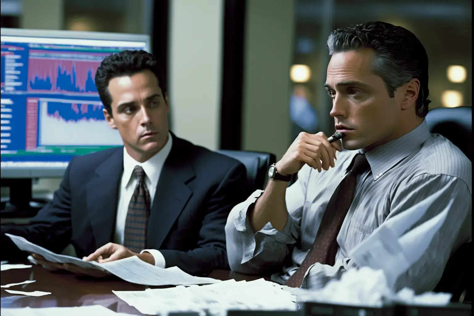 Two men in conversation - one thoughtful, the other frustrated. The thoughtful man is deep in thought, while the other appears upset. They are standing in front of a neutral background